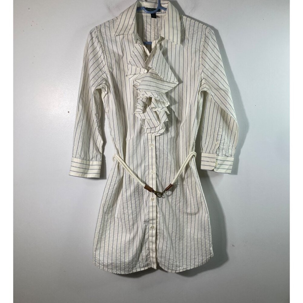 Womens Lauren Jeans Co Shirt‎ Dress Striped Ruffle Front Seersucker Cream Blue M